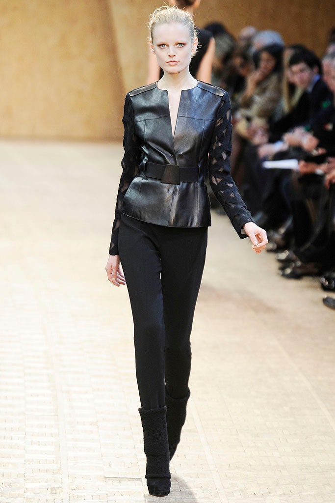 black leather long-sleeve v-neck fitted structured top