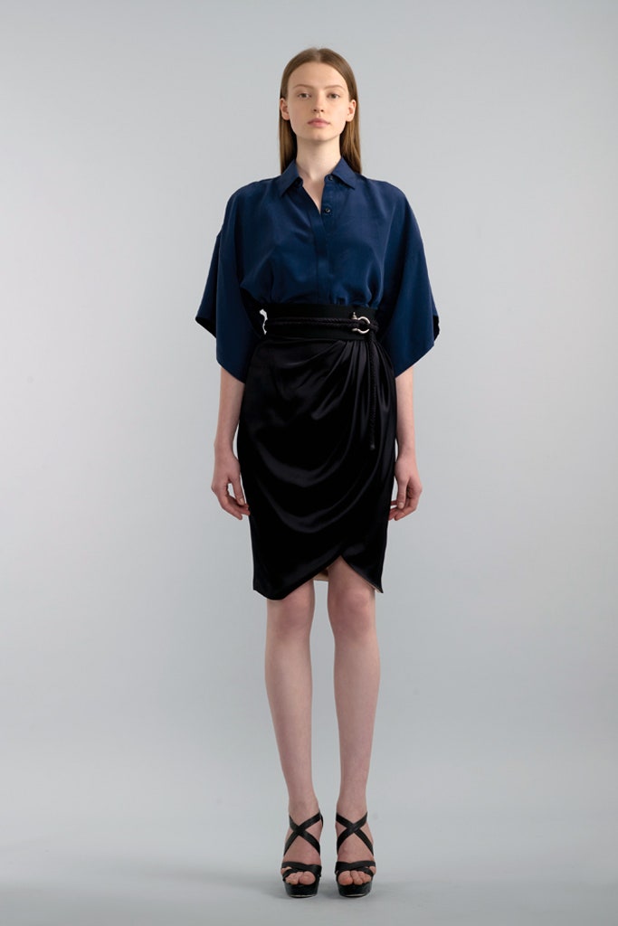 blue silk short-sleeve collared relaxed draped shirt
