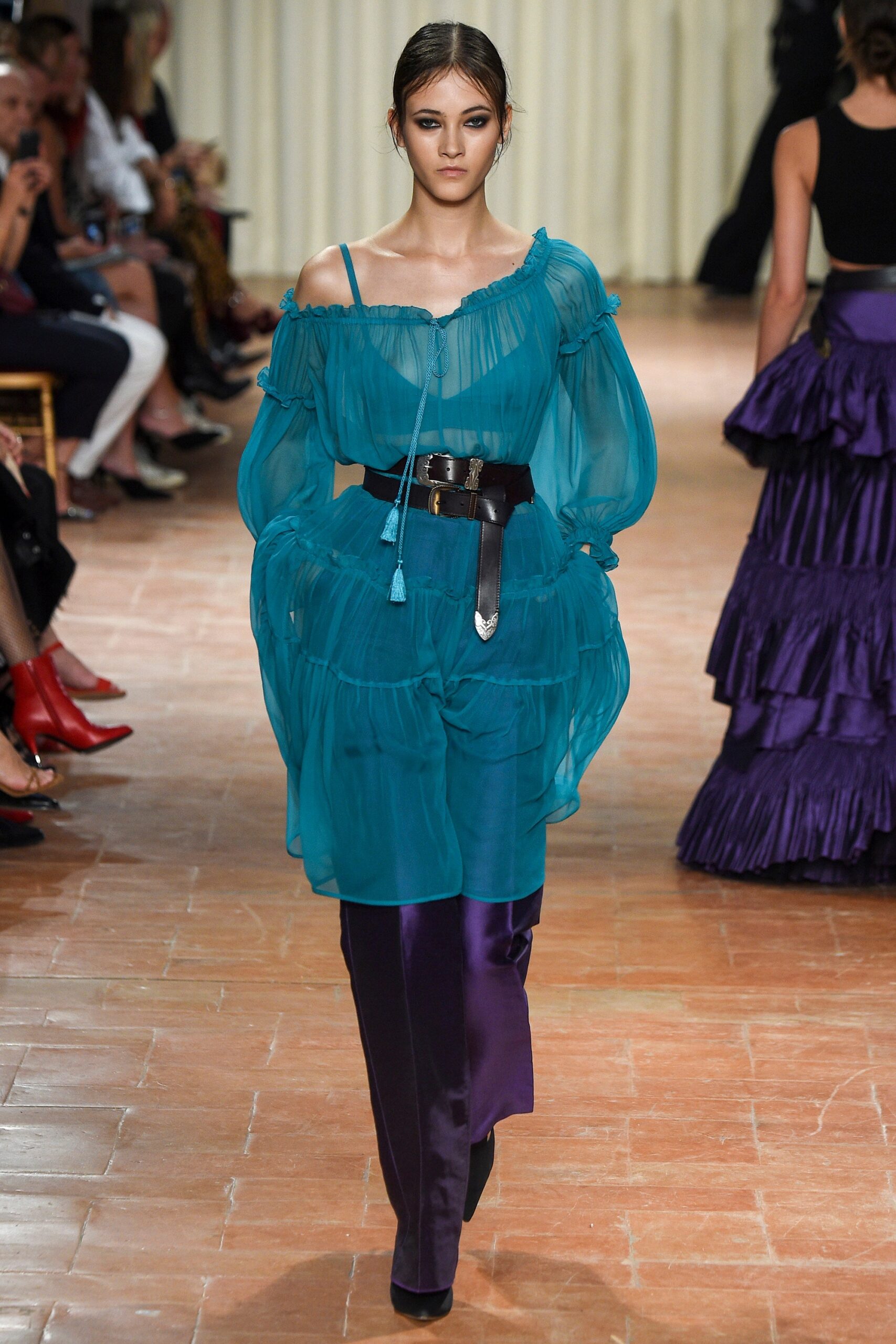 teal chiffon off-shoulder long-sleeve relaxed ruffled flowing blouse