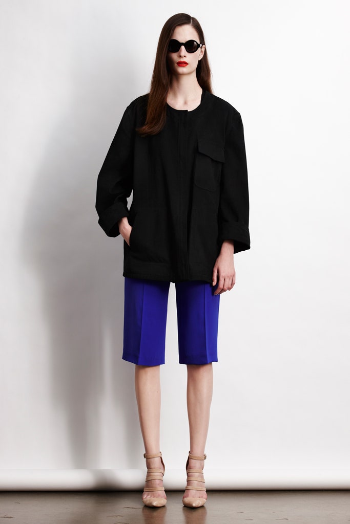 black relaxed jacket with blue shorts
