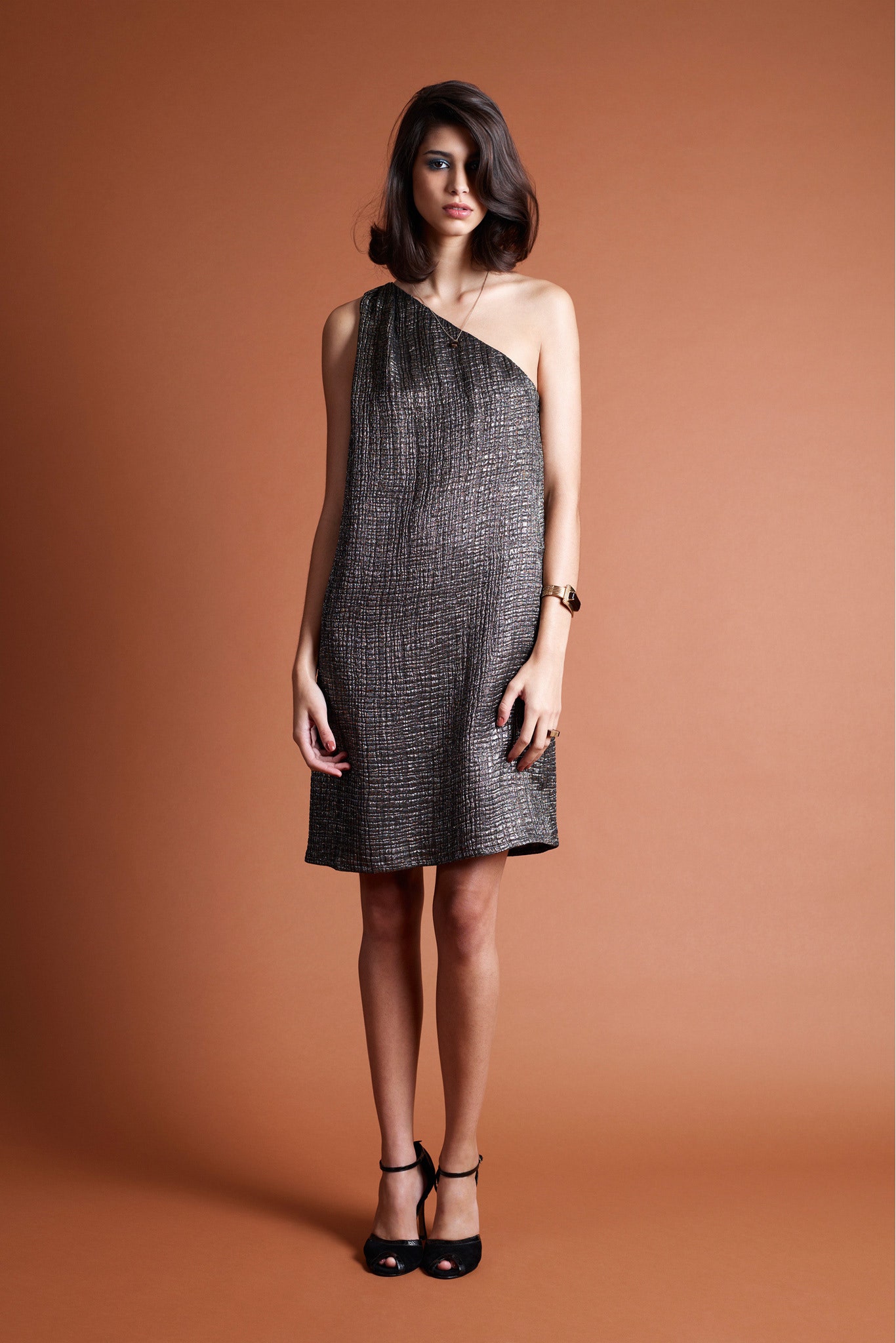 fitted brown silk asymmetric dress