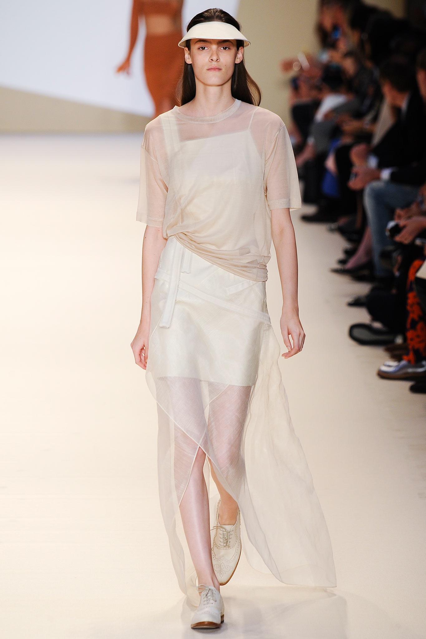 beige silk relaxed top with white chiffon skirt