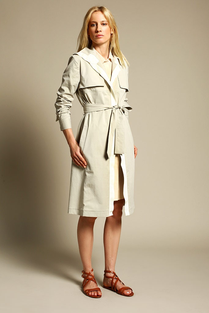 beige trench coat with white dress