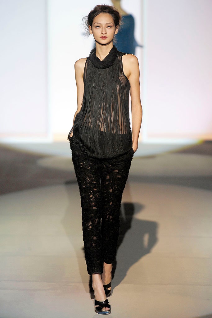black lace fitted straight-leg pants