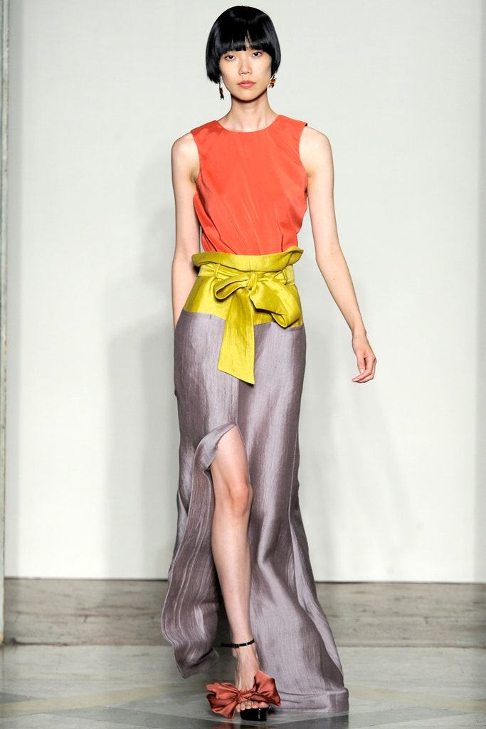 gray silk asymmetric slit fitted layered flowing skirt
