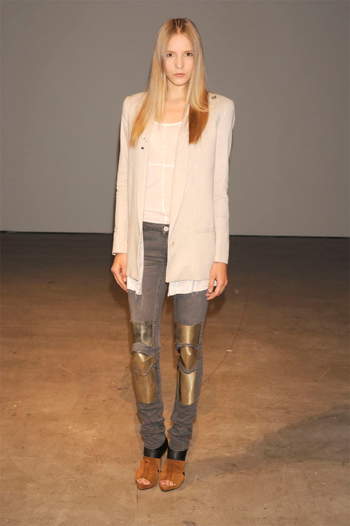 white tailored blazer gray pants