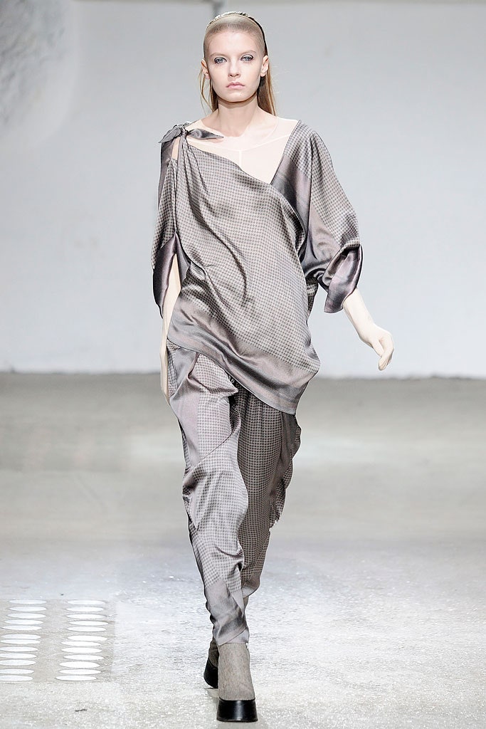 gray silk long-sleeve off-shoulder relaxed draped flowing top