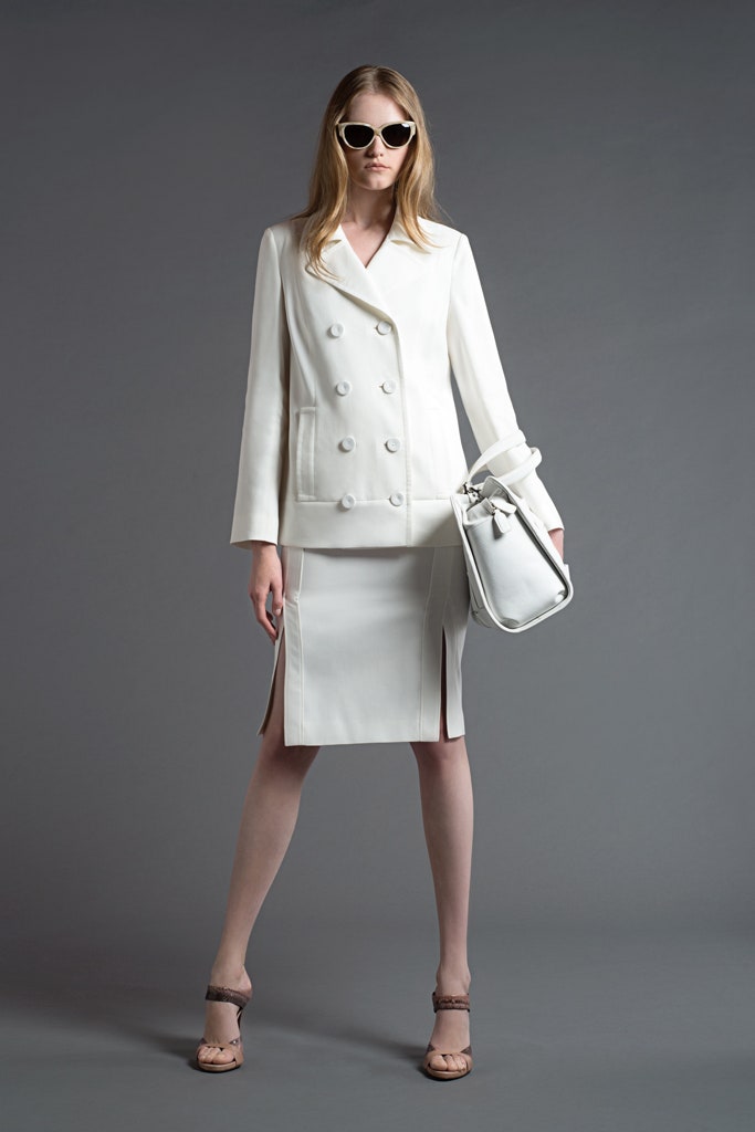 white silk long-sleeve double-breasted structured buttoned blazer