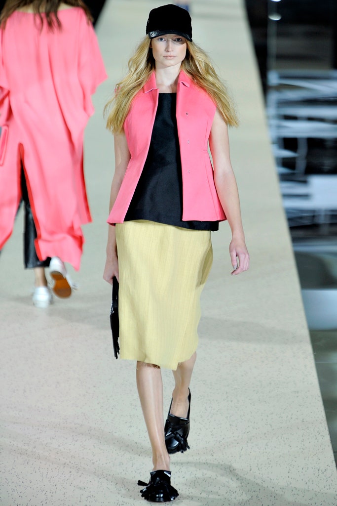 black top yellow pencil skirt pink jacket