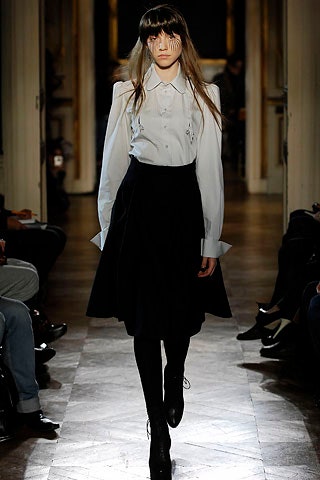 white fitted shirt and black midi skirt