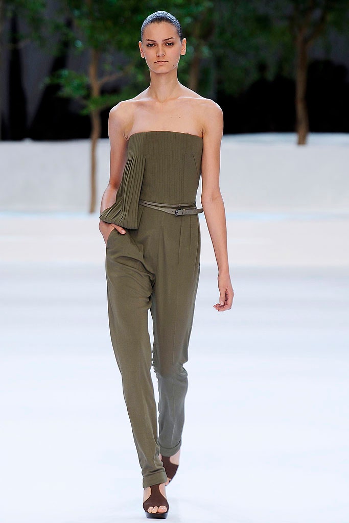 green fitted strapless jumpsuit