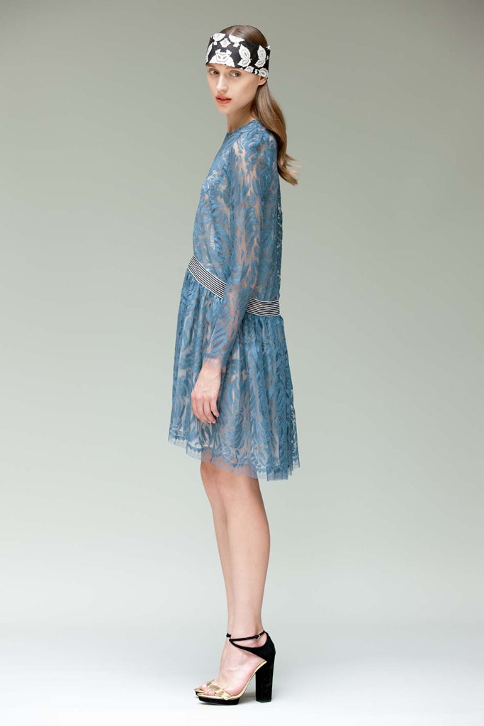 blue lace long-sleeve mini dress