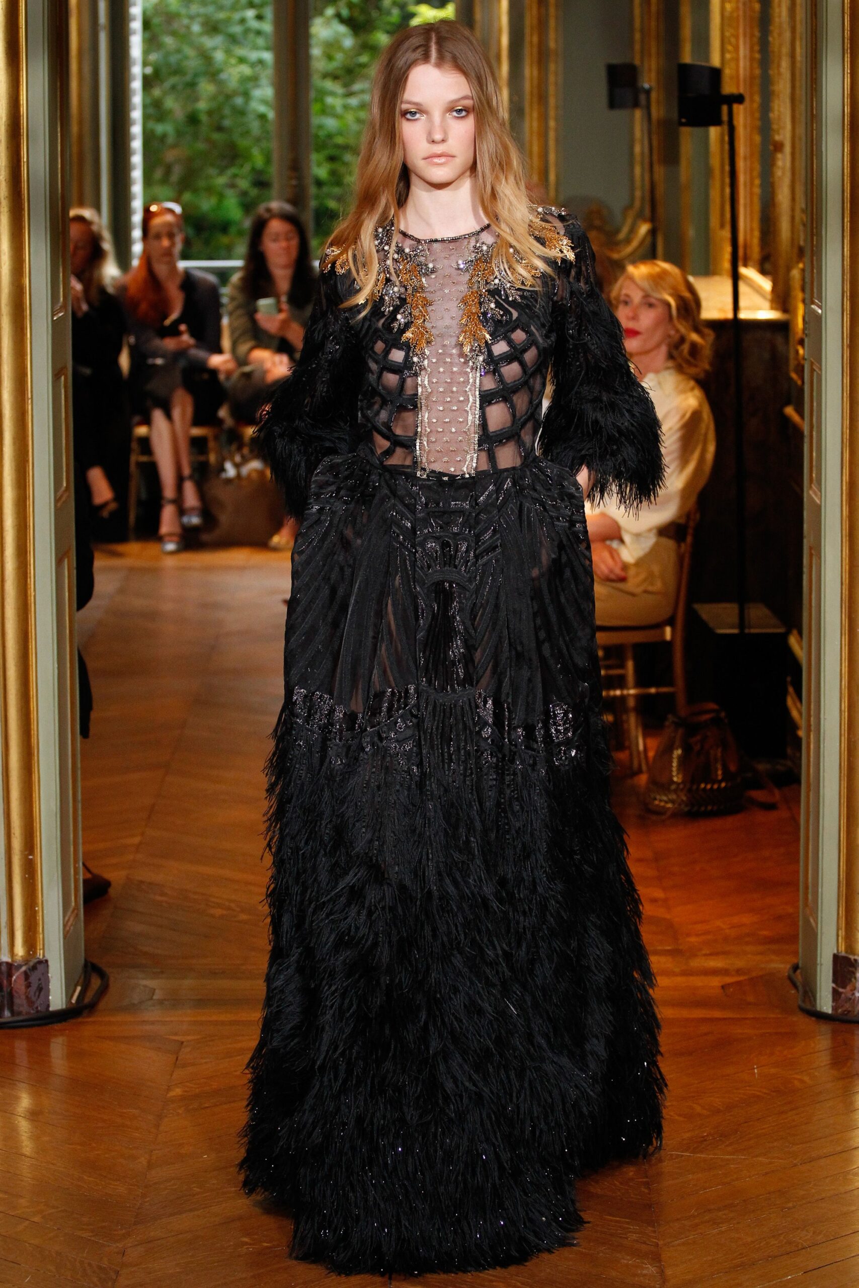 black silk fur embellished gown