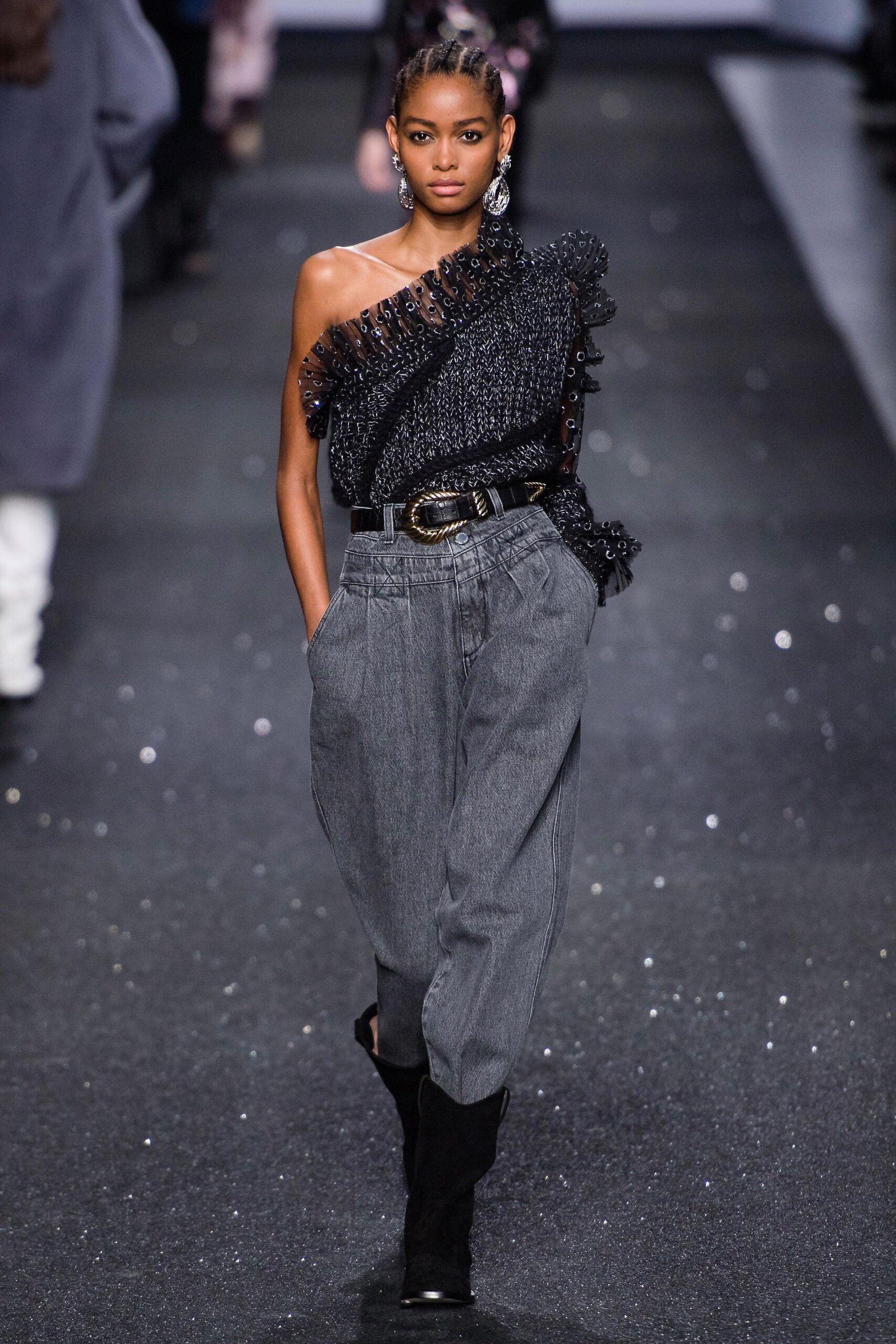 gray denim relaxed pleated pants