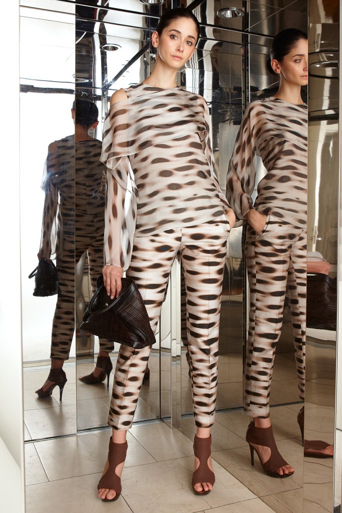 beige silk long-sleeve off-shoulder fitted printed jumpsuit