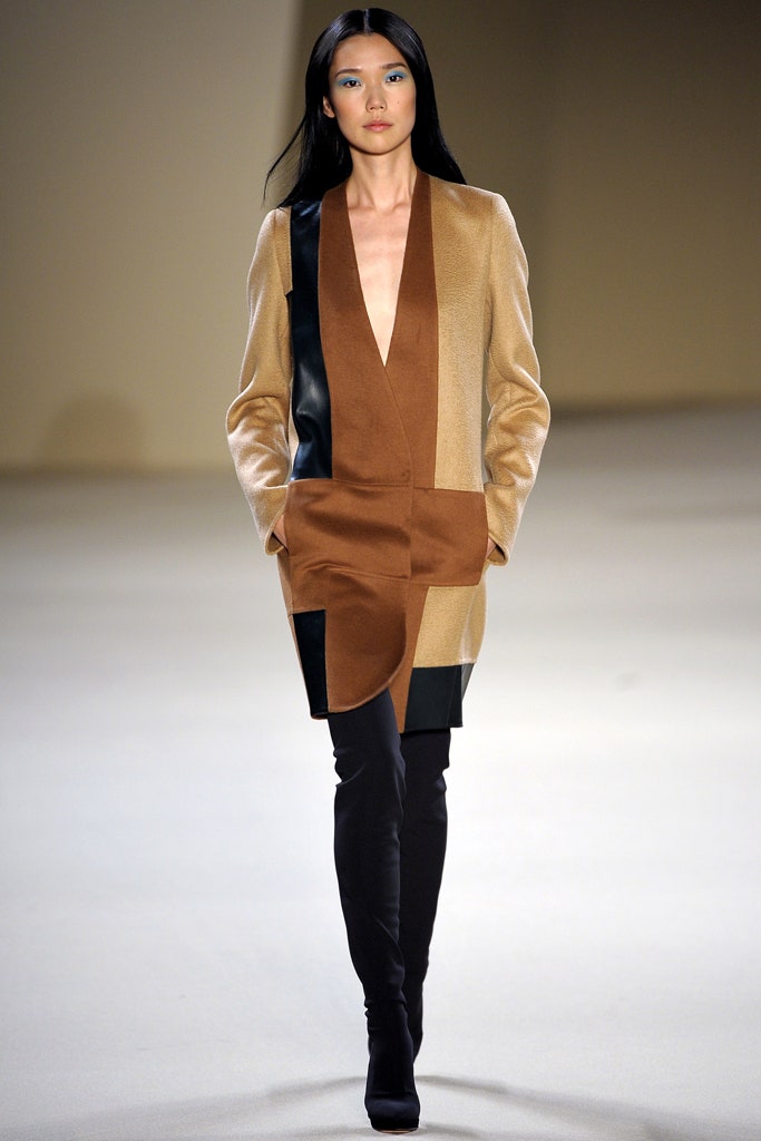 brown wool long-sleeve v-neck fitted color-blocked blazer