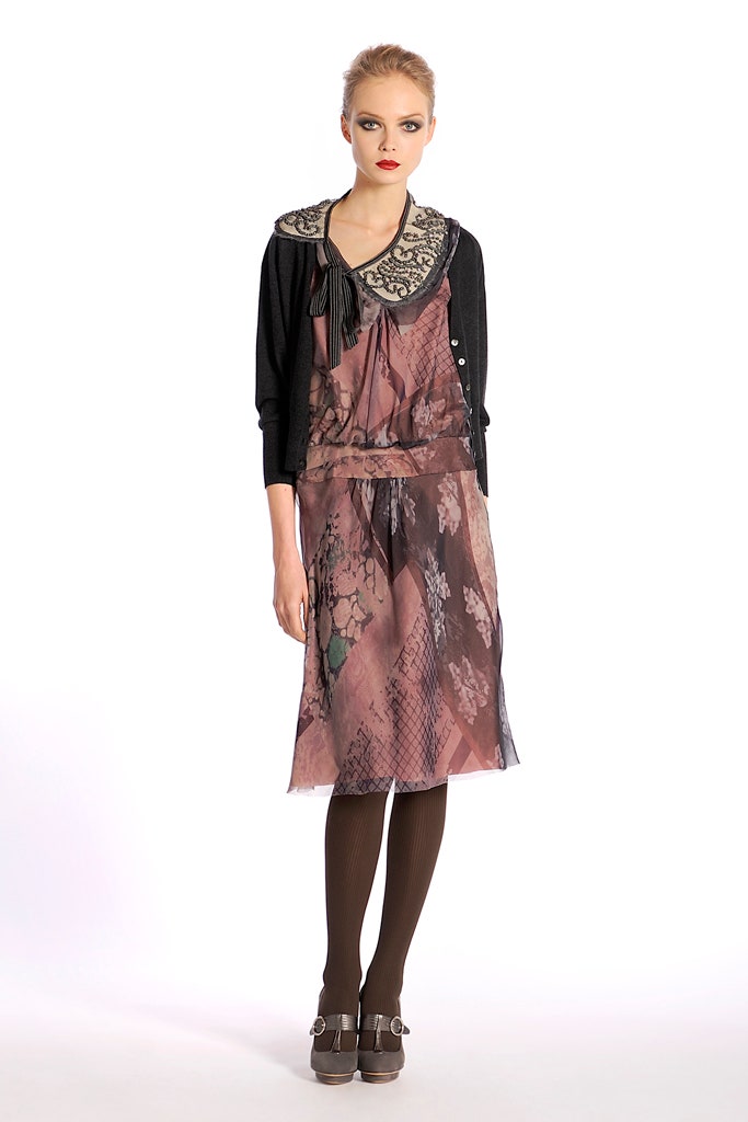 pink and brown layered dress with black cardigan