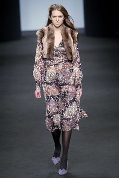 floral midi dress with faux-fur coat