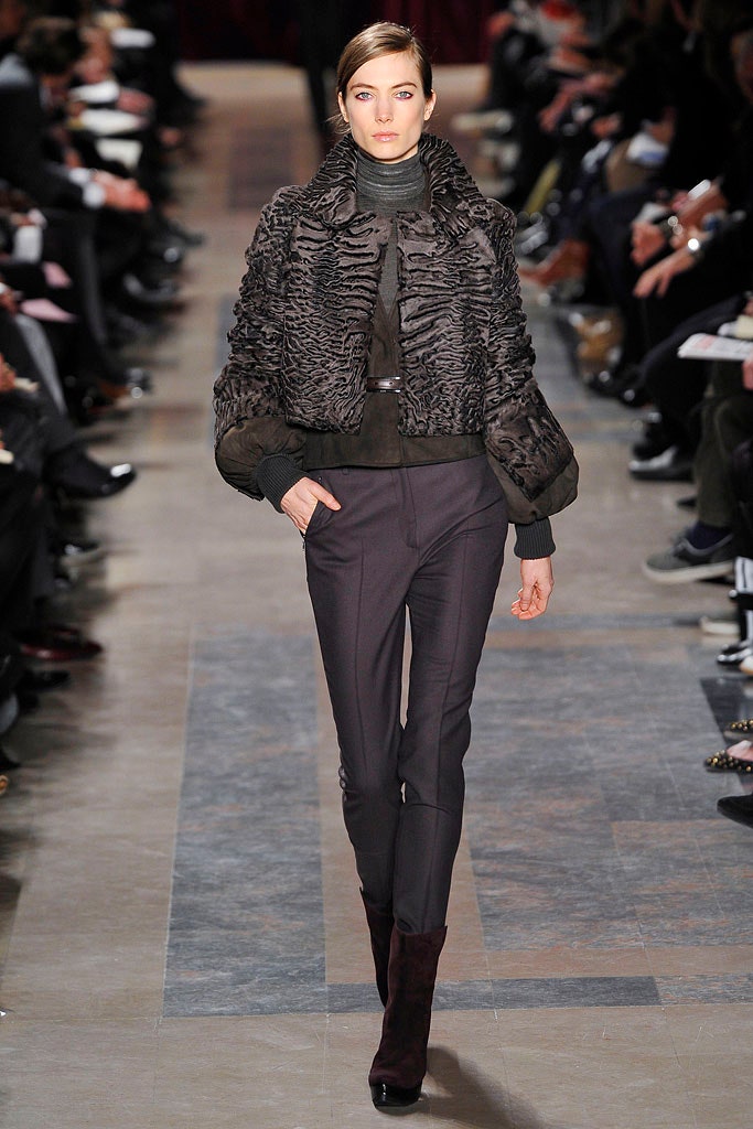 black fur jacket with tailored pants