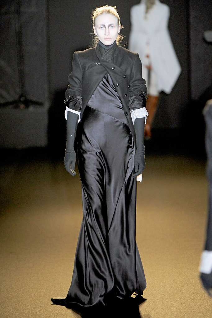 black silk gown with structured jacket