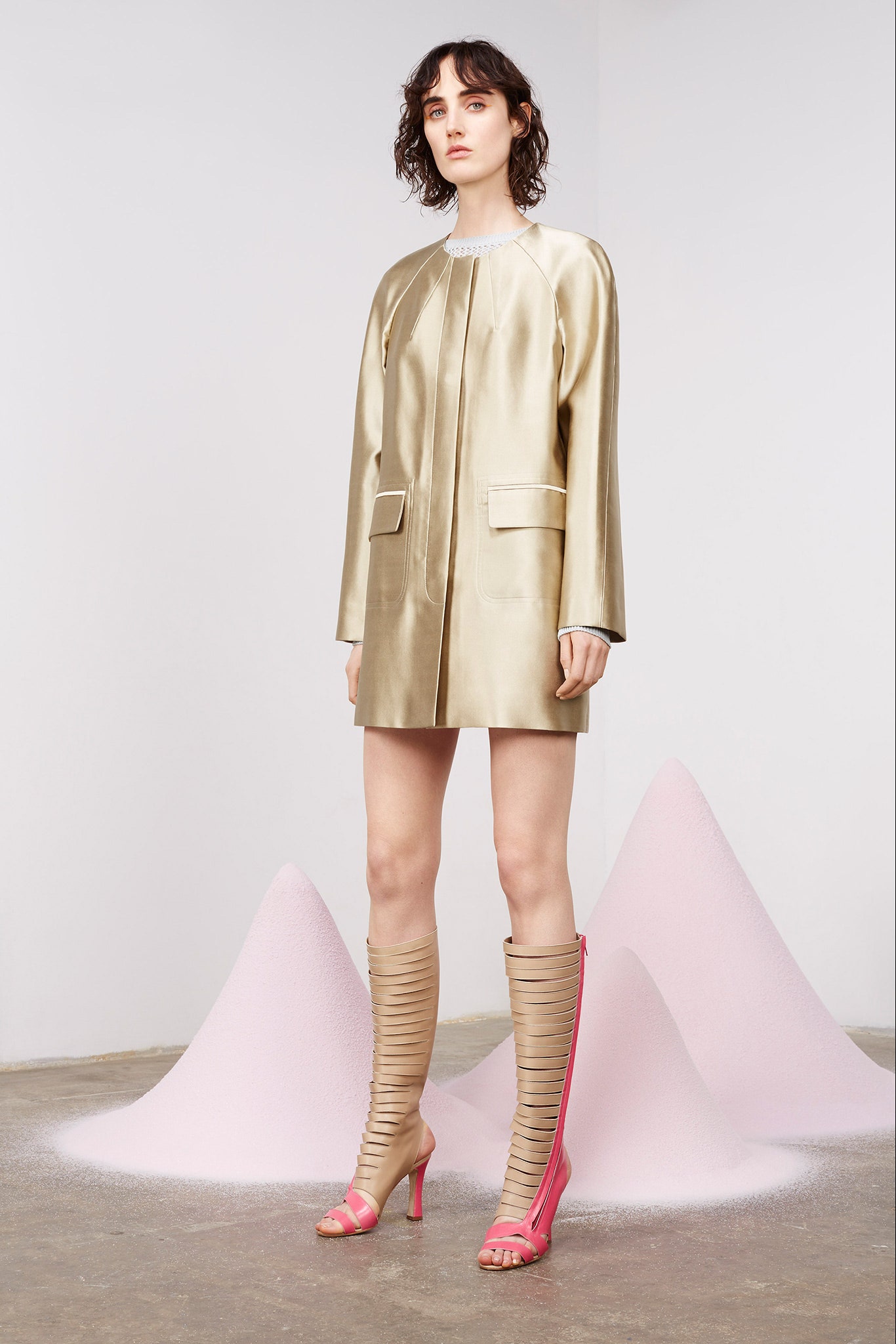 gold silk long-sleeve collared fitted straight-leg shiny dress