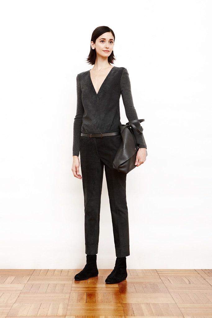 fitted gray suede top with black pants