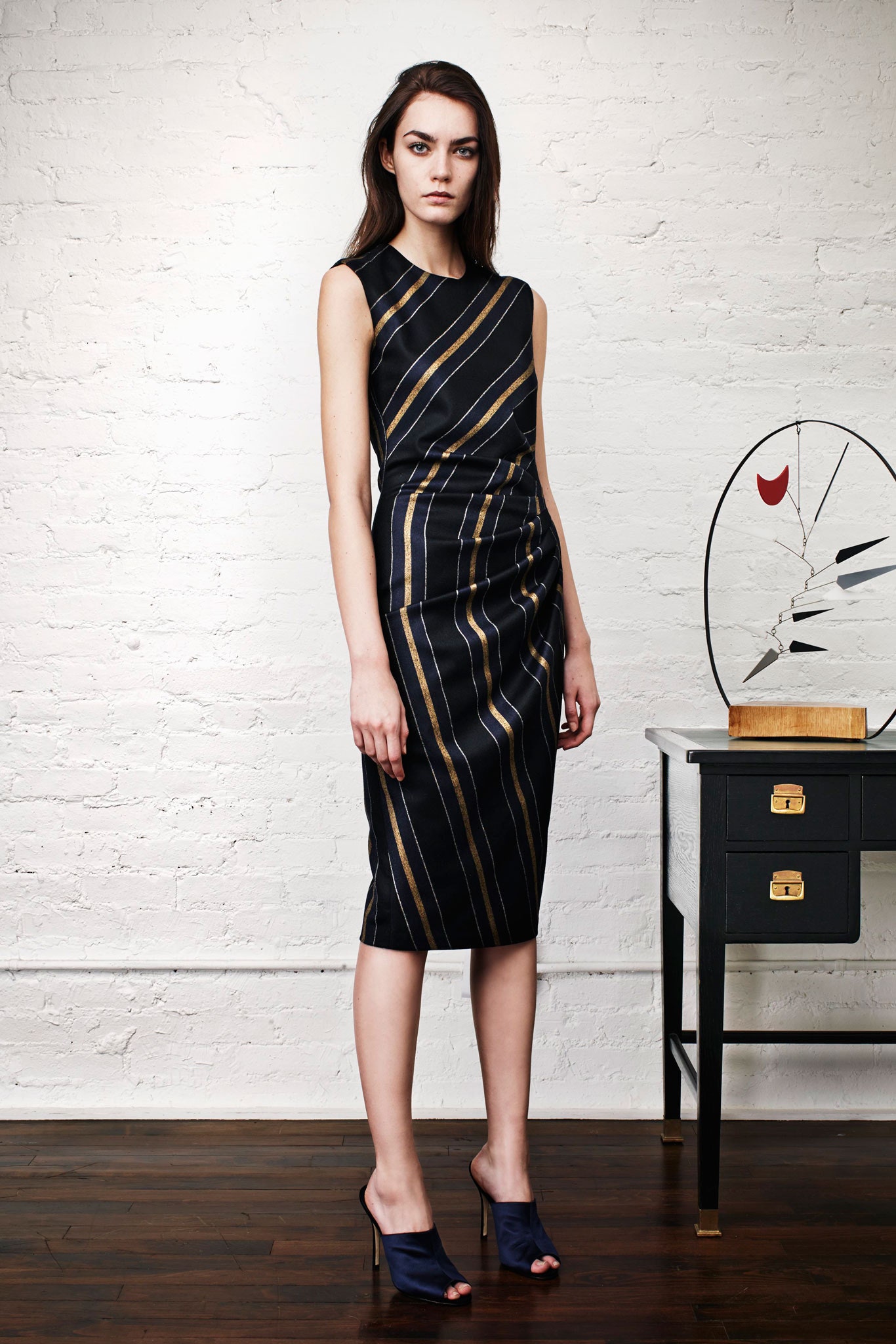 black silk sleeveless striped dress