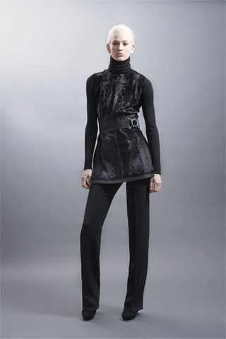 black fur long-sleeve high-neck fitted belted top