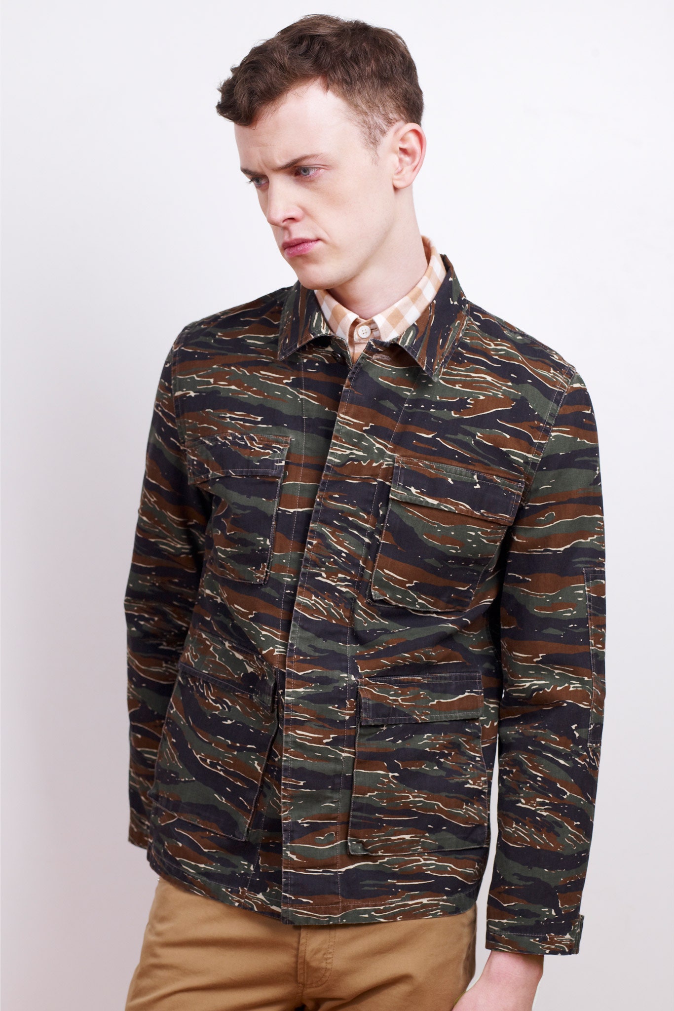 printed green brown jacket with shirt