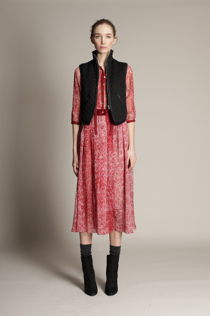 red silk long-sleeve collared fitted flared midi dress