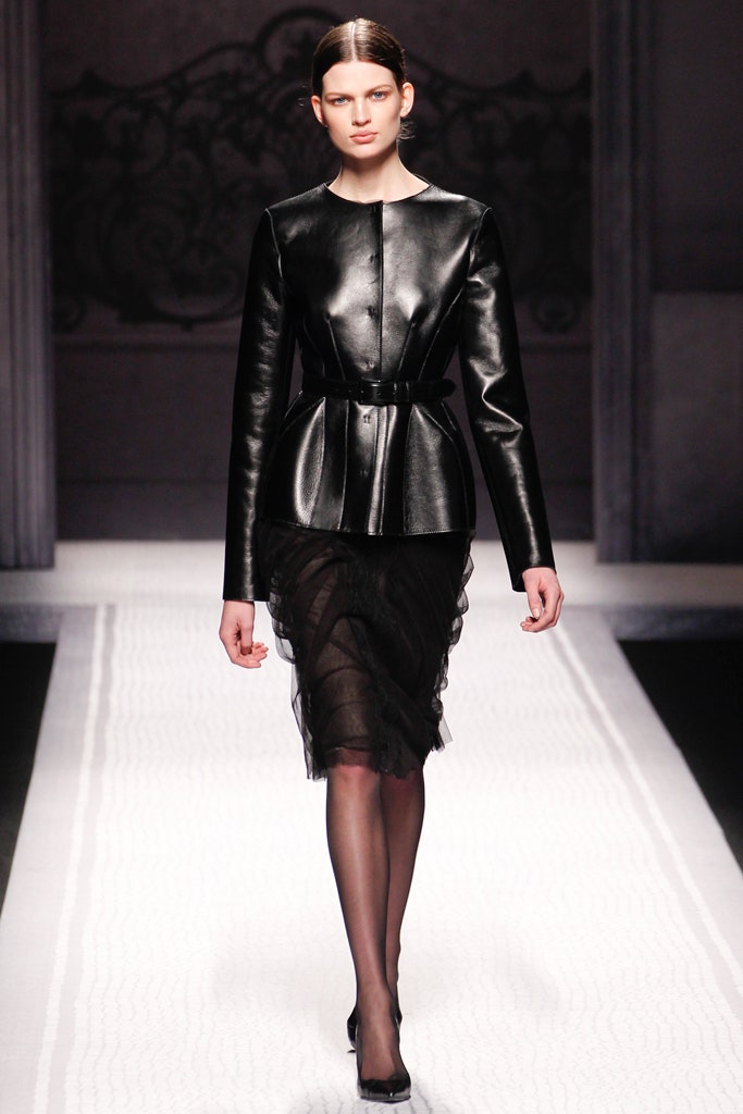 black leather fitted jacket and tulle skirt