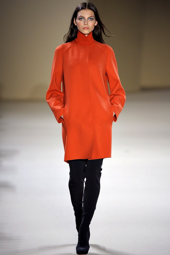 red wool long-sleeve high-neck relaxed straight-leg pockets coat