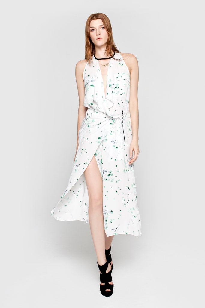 white silk sleeveless wrap dress