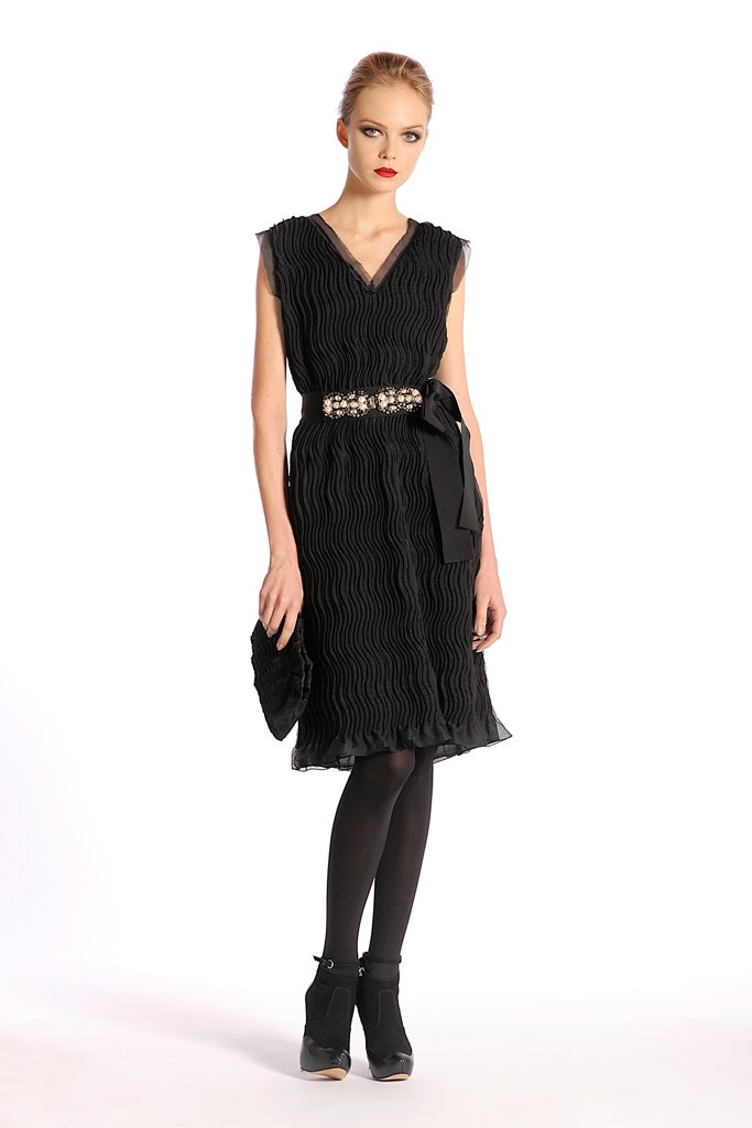 black pleated midi dress with belt