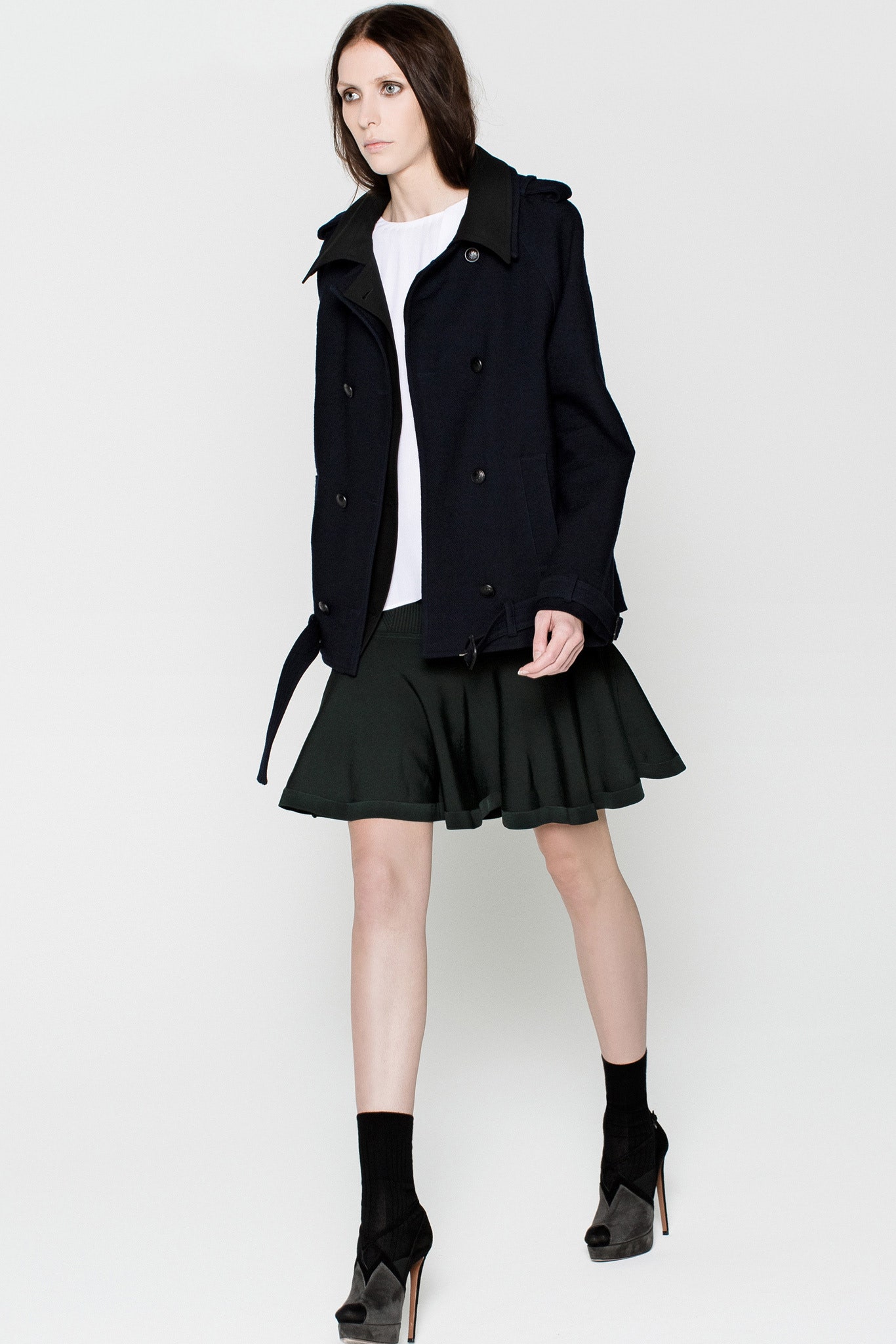 green cotton fitted flared mini skirt