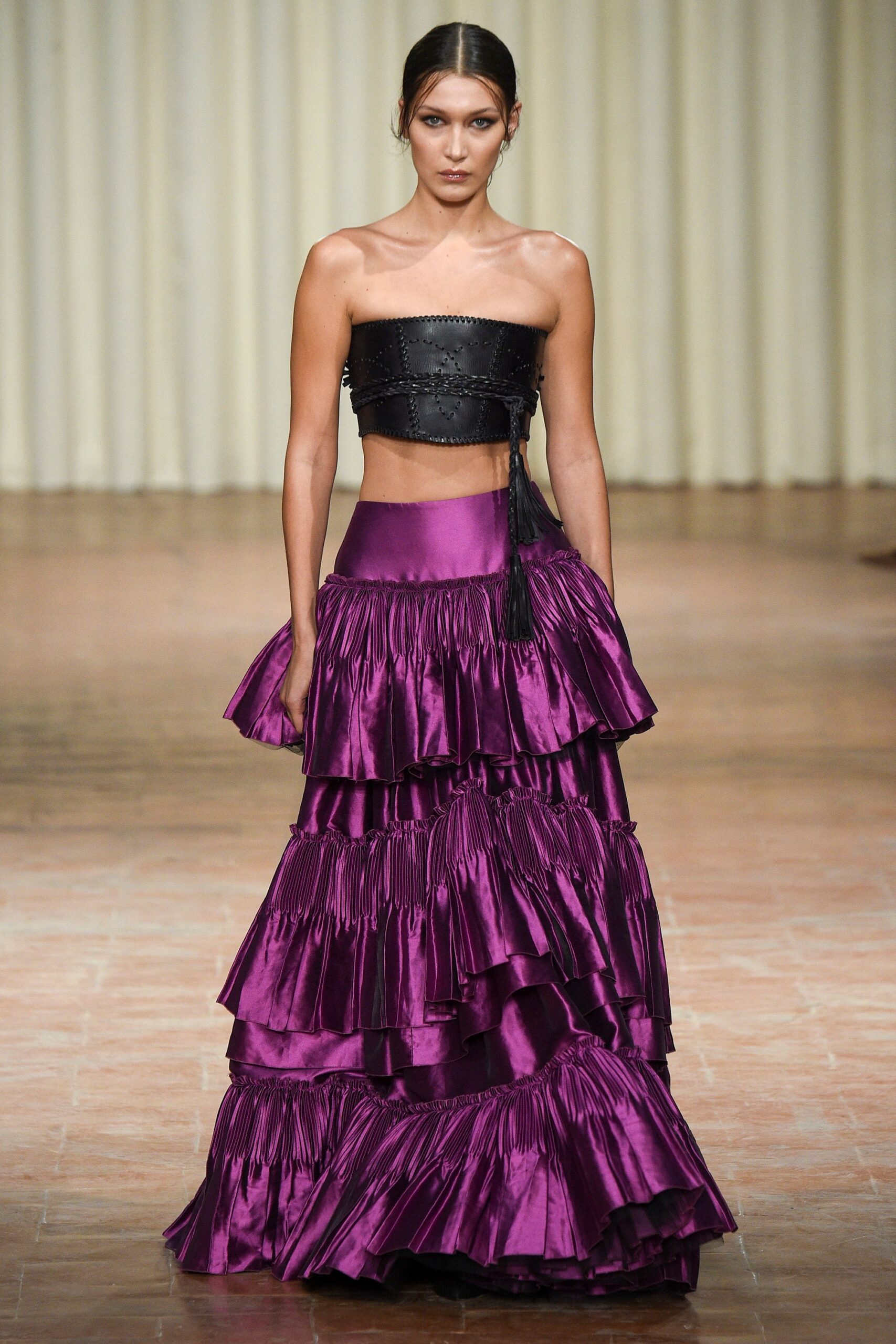 black leather strapless fitted ruffled top