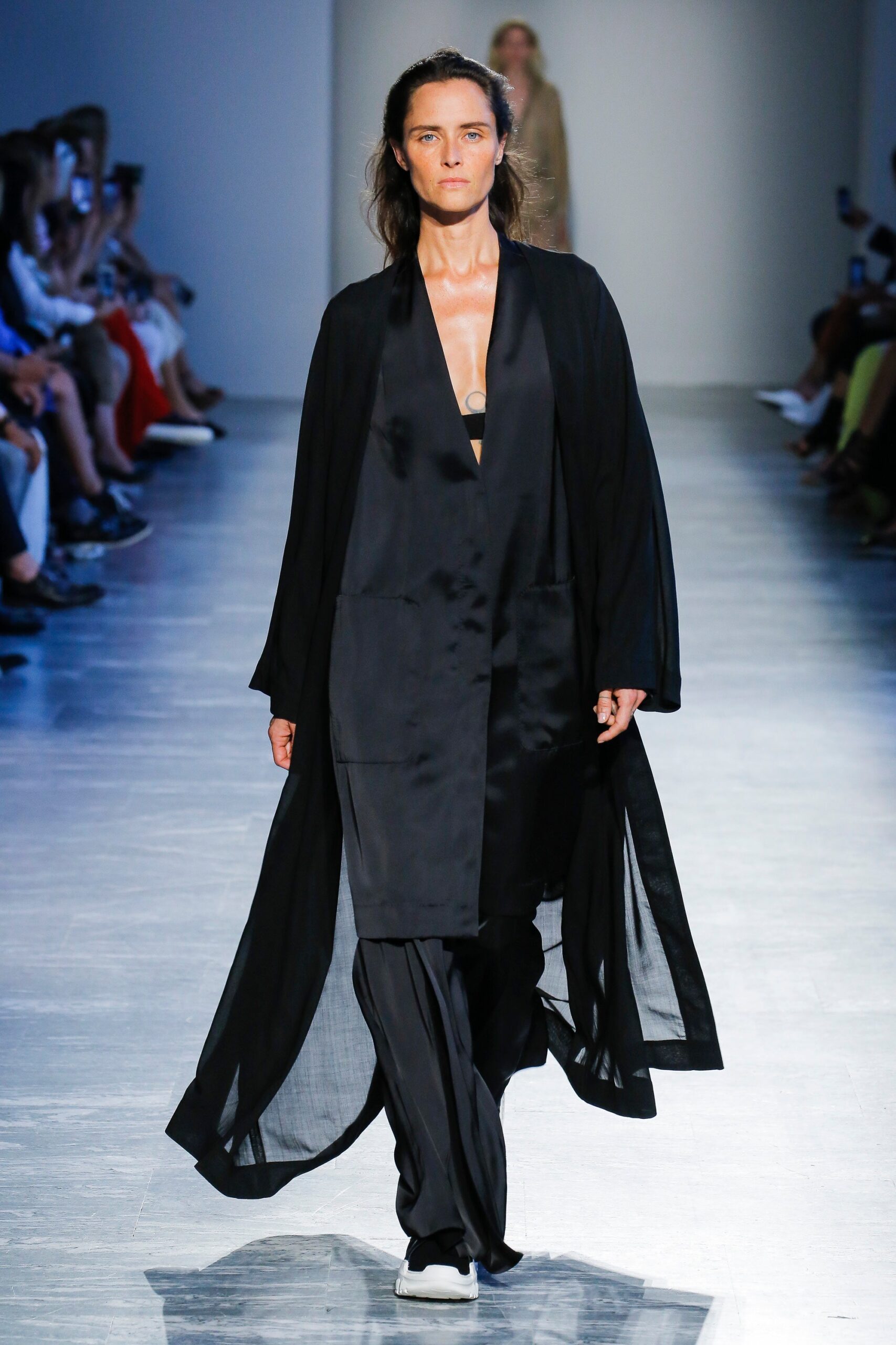 black silk relaxed coat and pants