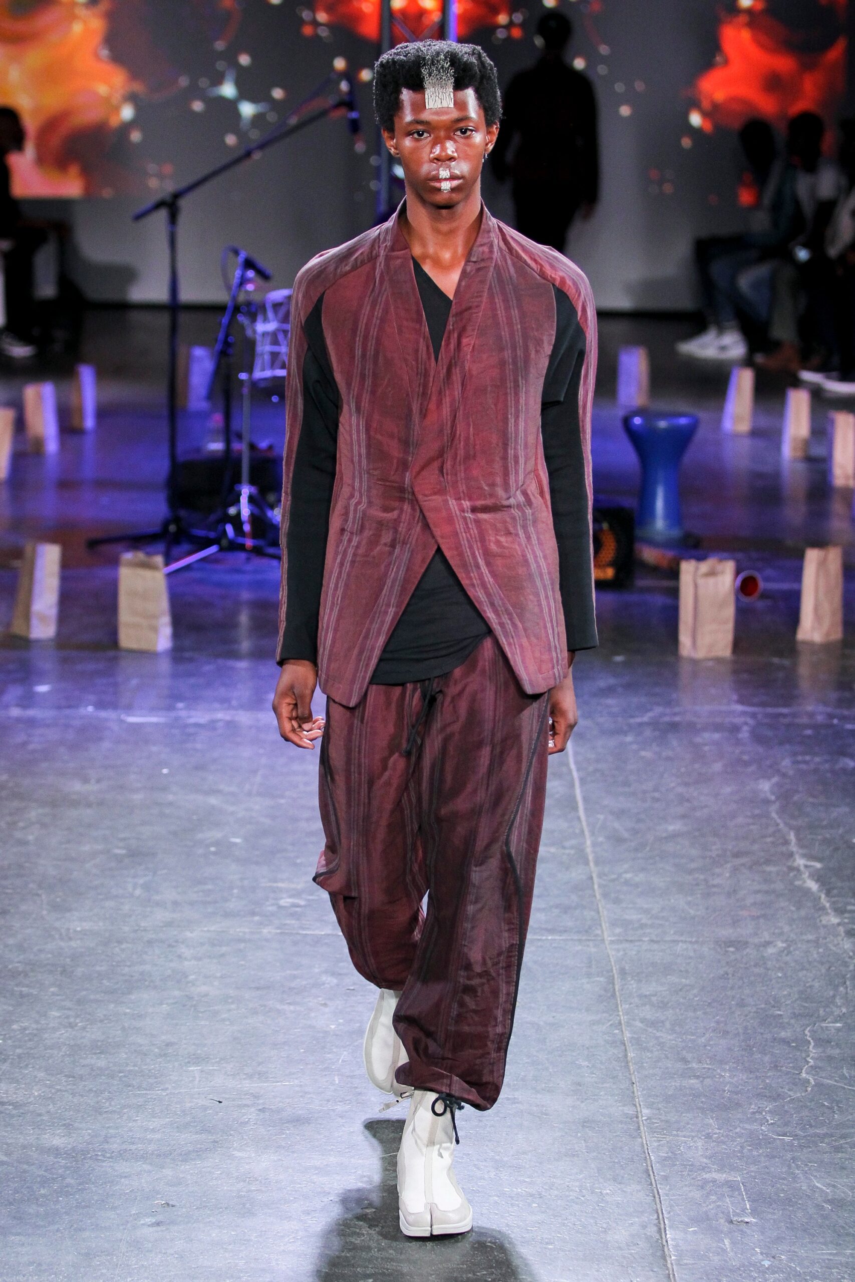 tailored red purple jacket with relaxed black pants