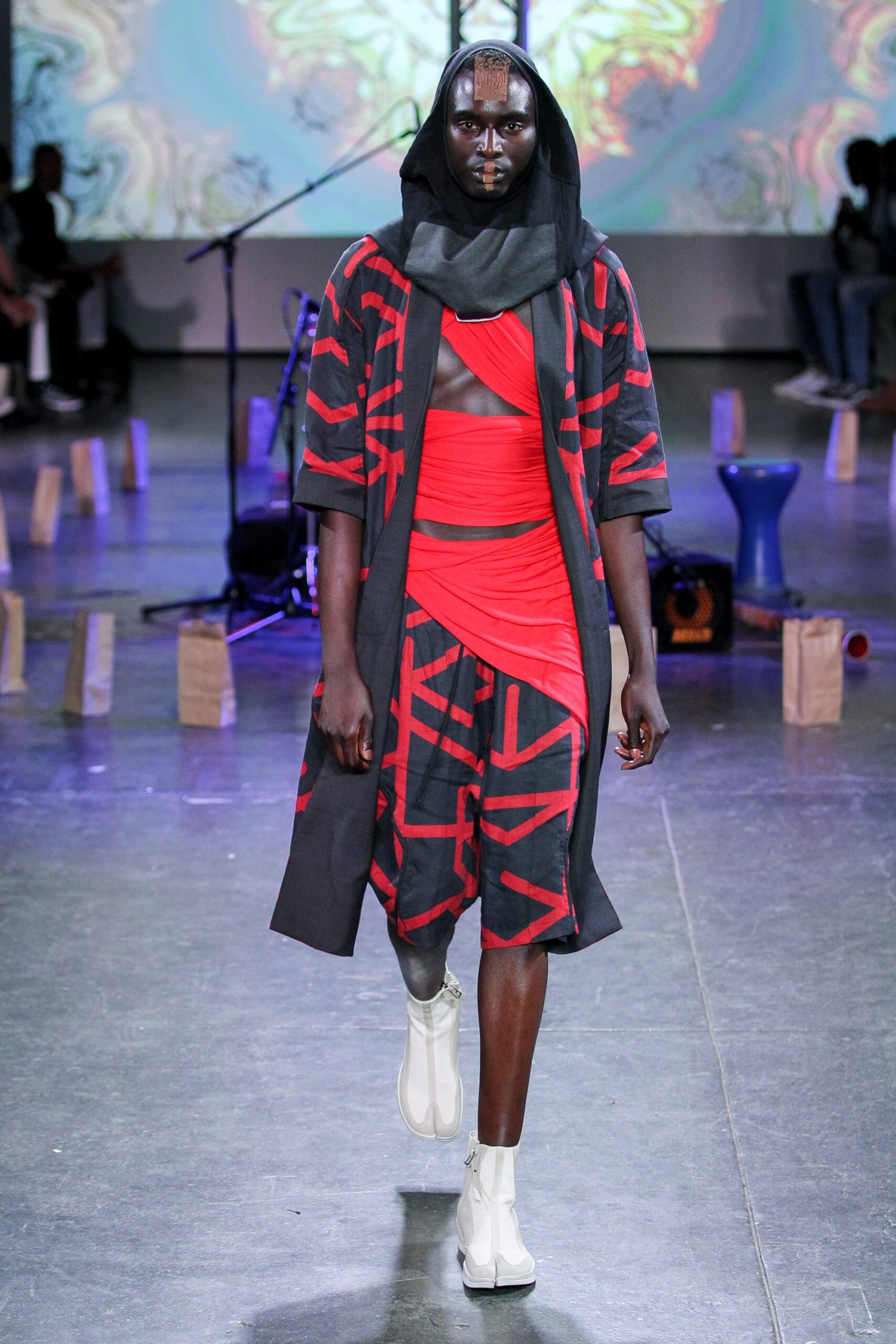 black and red layered midi dress with coat