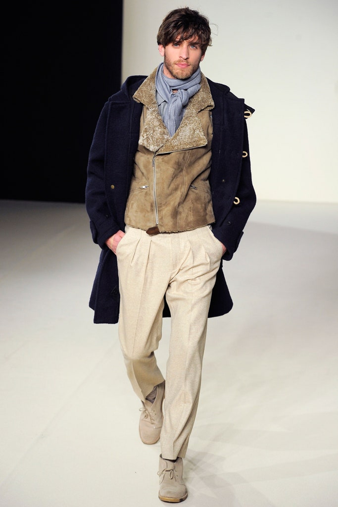 navy wool coat with brown suede vest