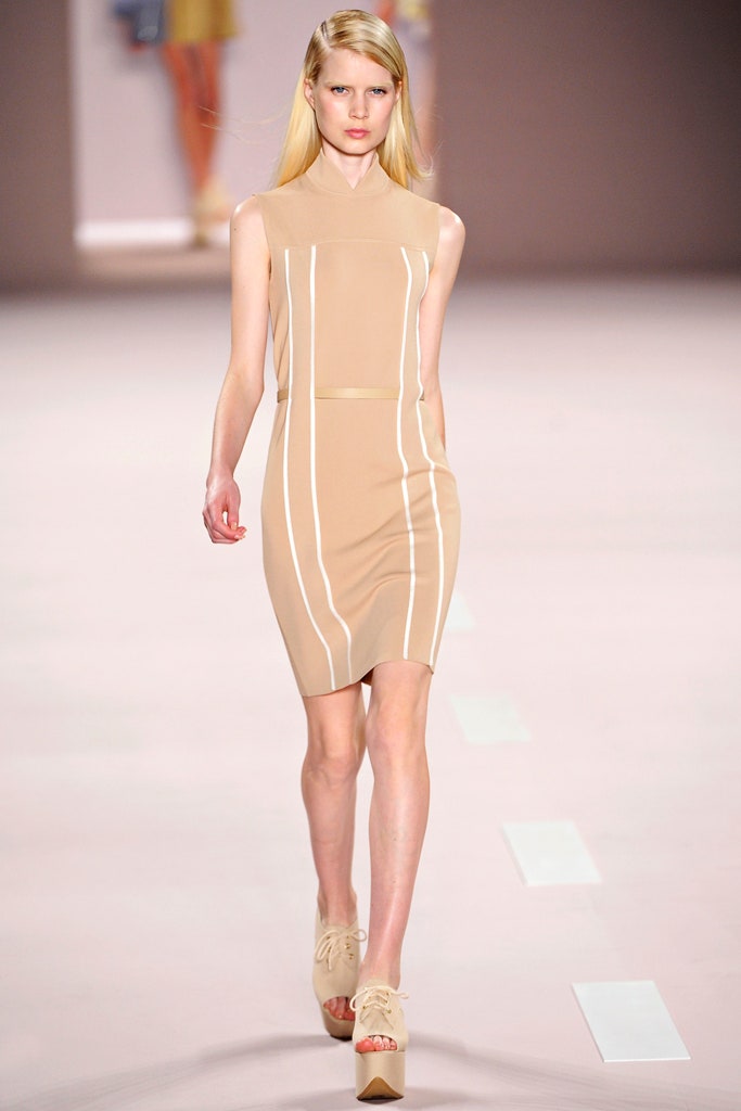 beige fitted sleeveless dress