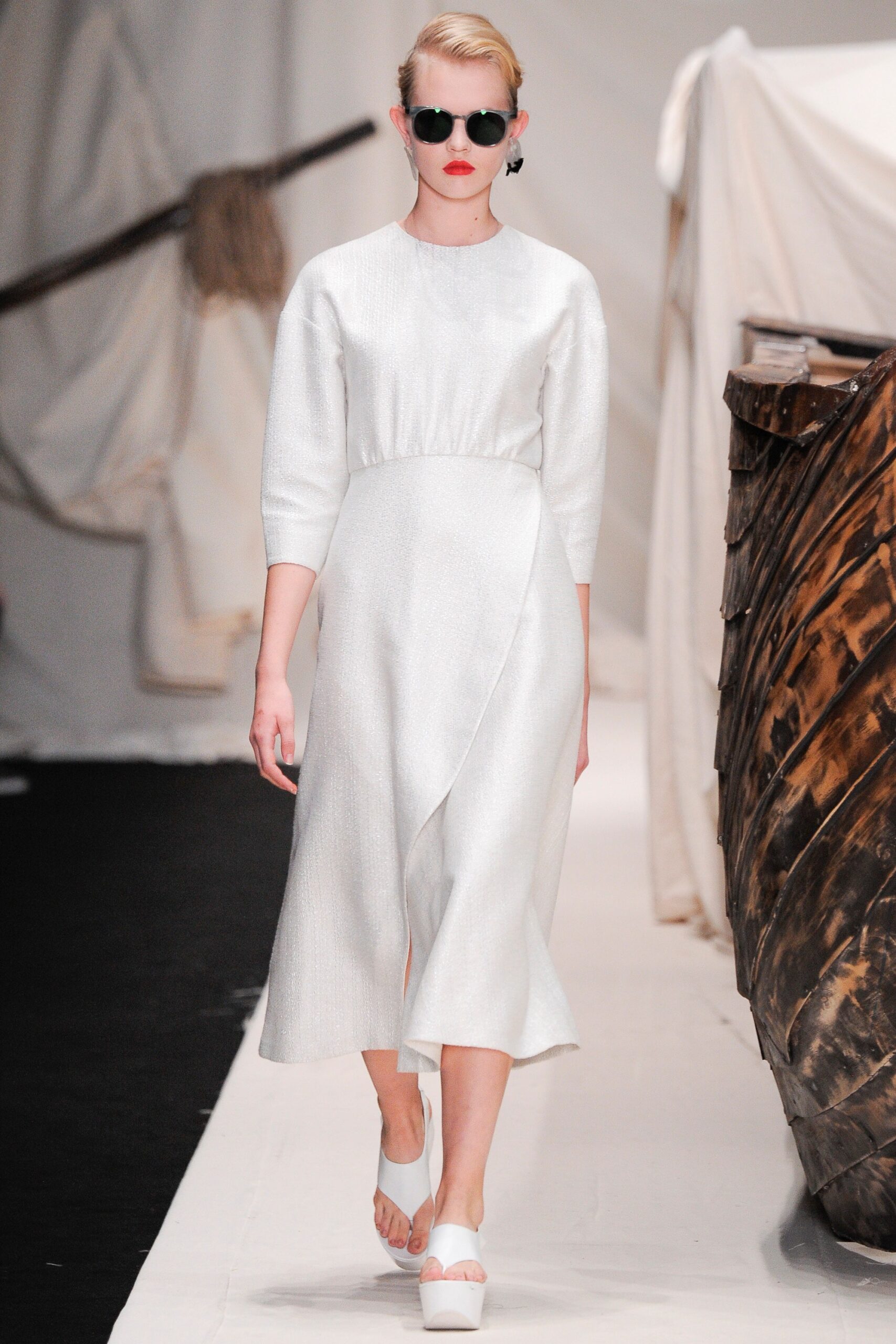 white silk long-sleeve v-neck fitted draped shiny dress