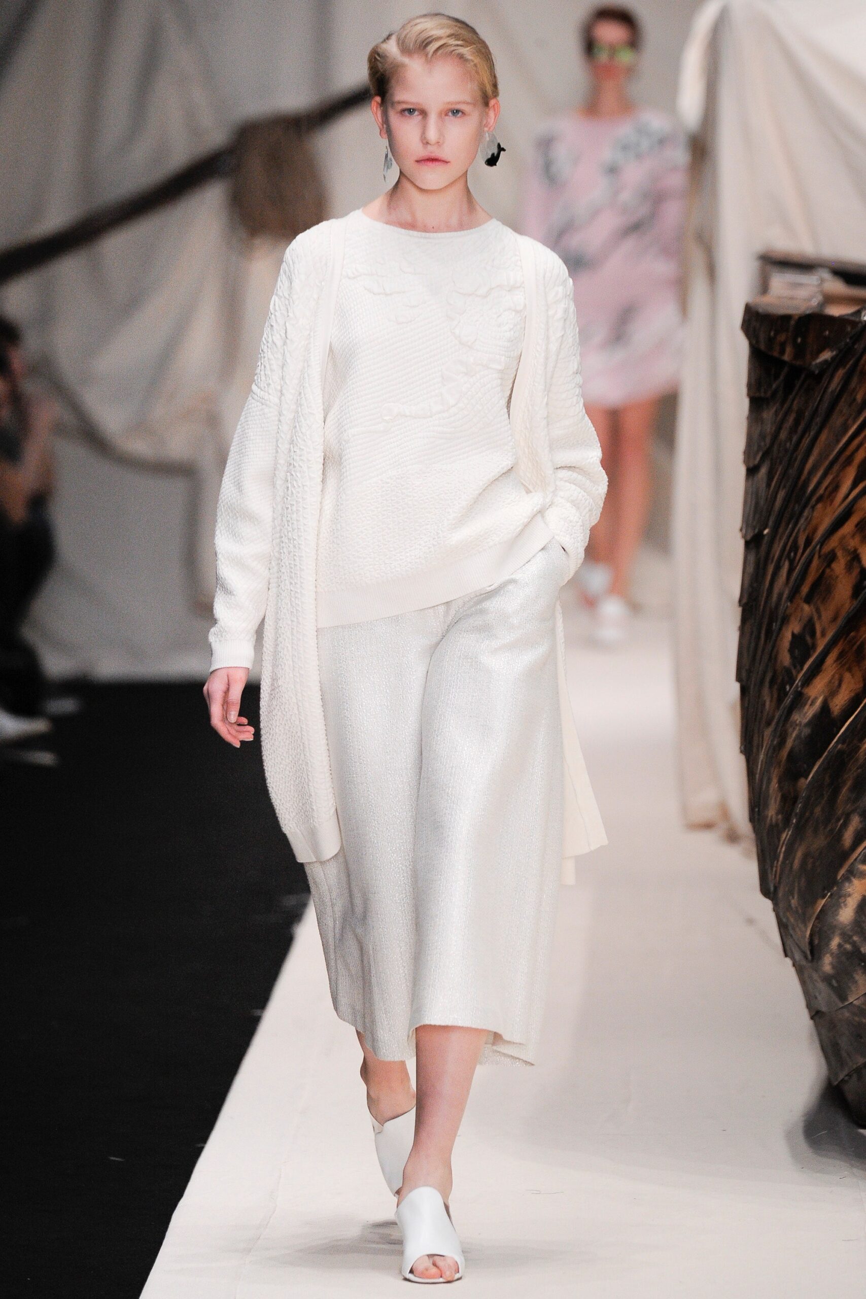 white knit cardigan and silver culottes