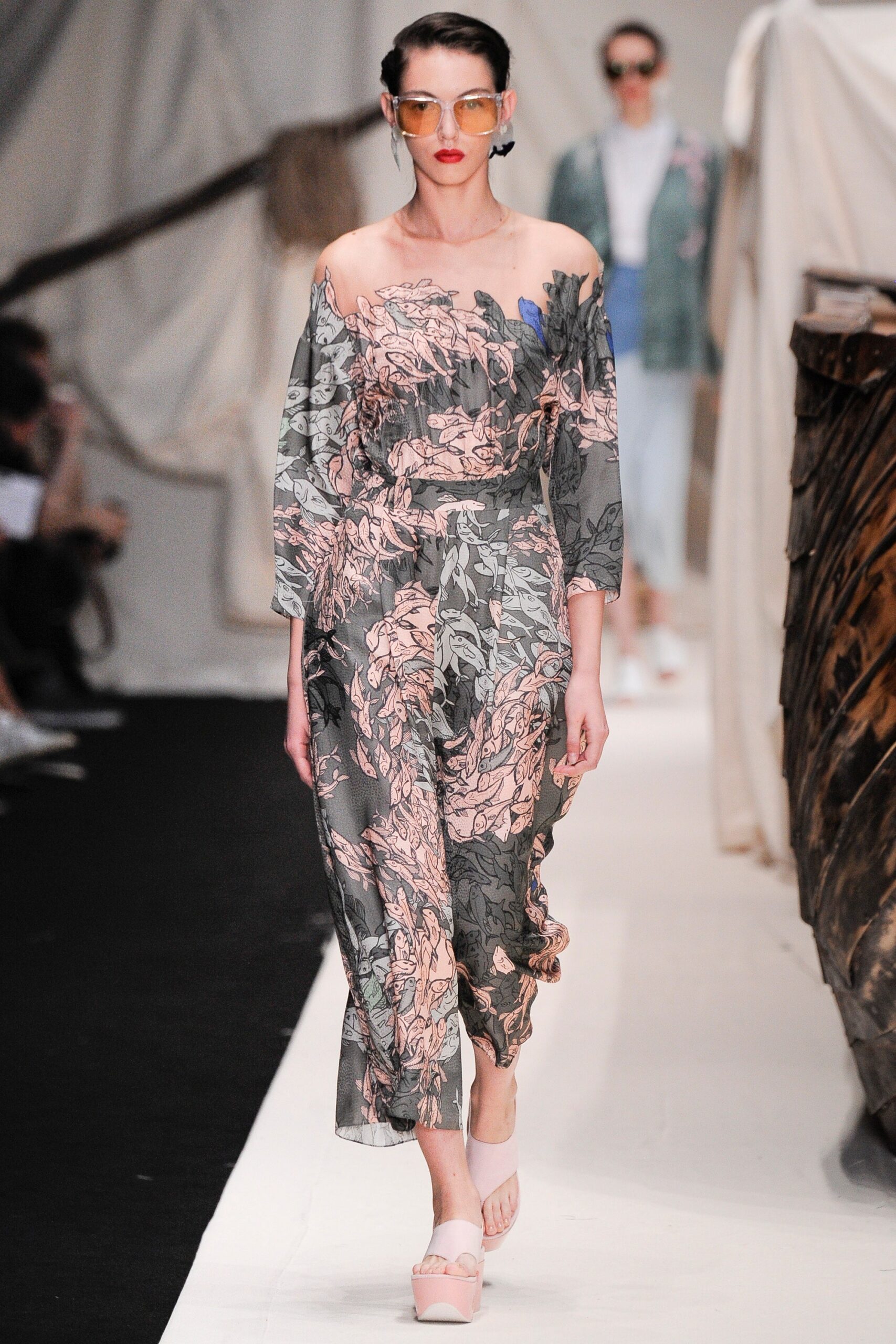floral gray pink off-shoulder jumpsuit