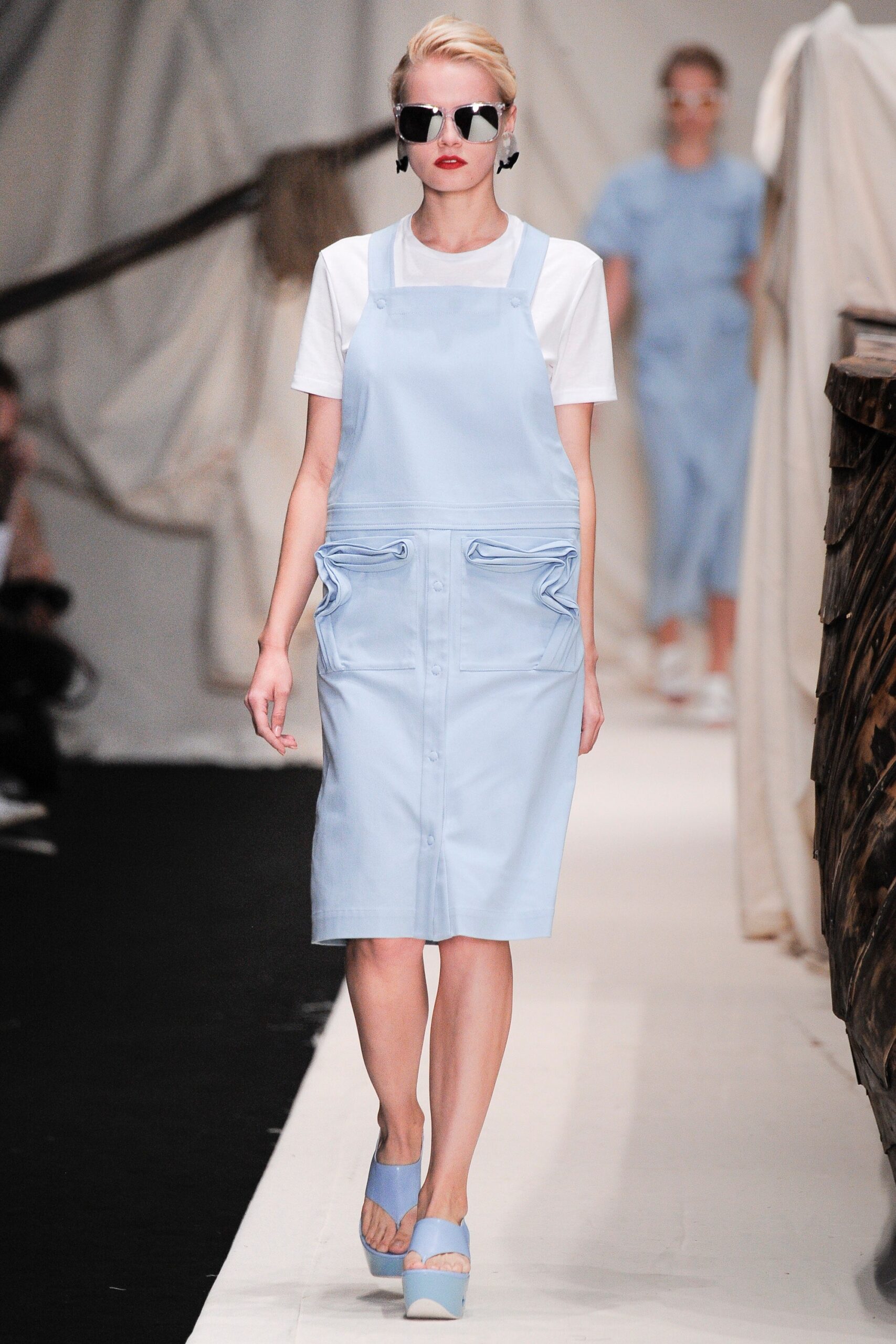 blue midi dress with white t-shirt