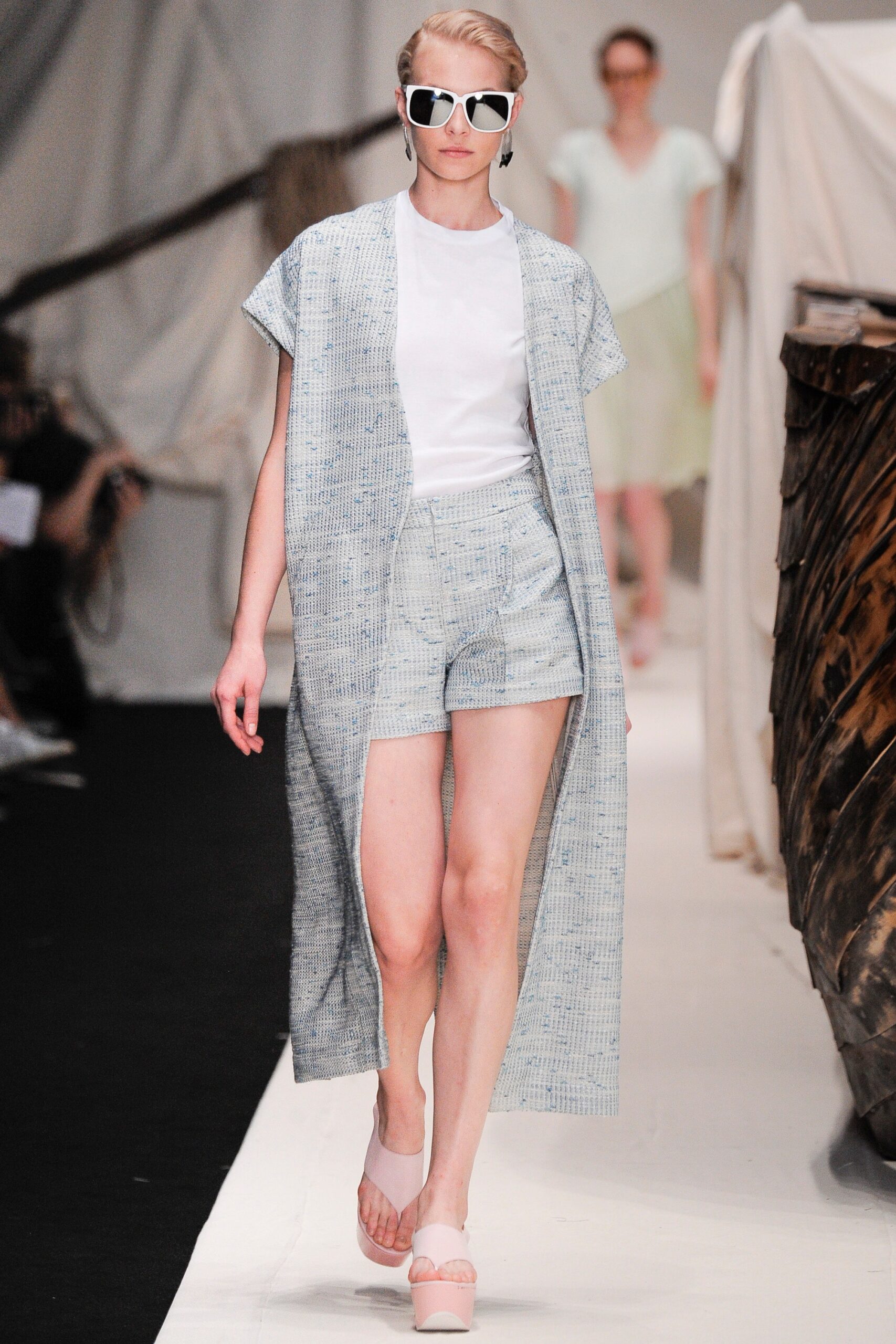blue cotton coat with white t-shirt