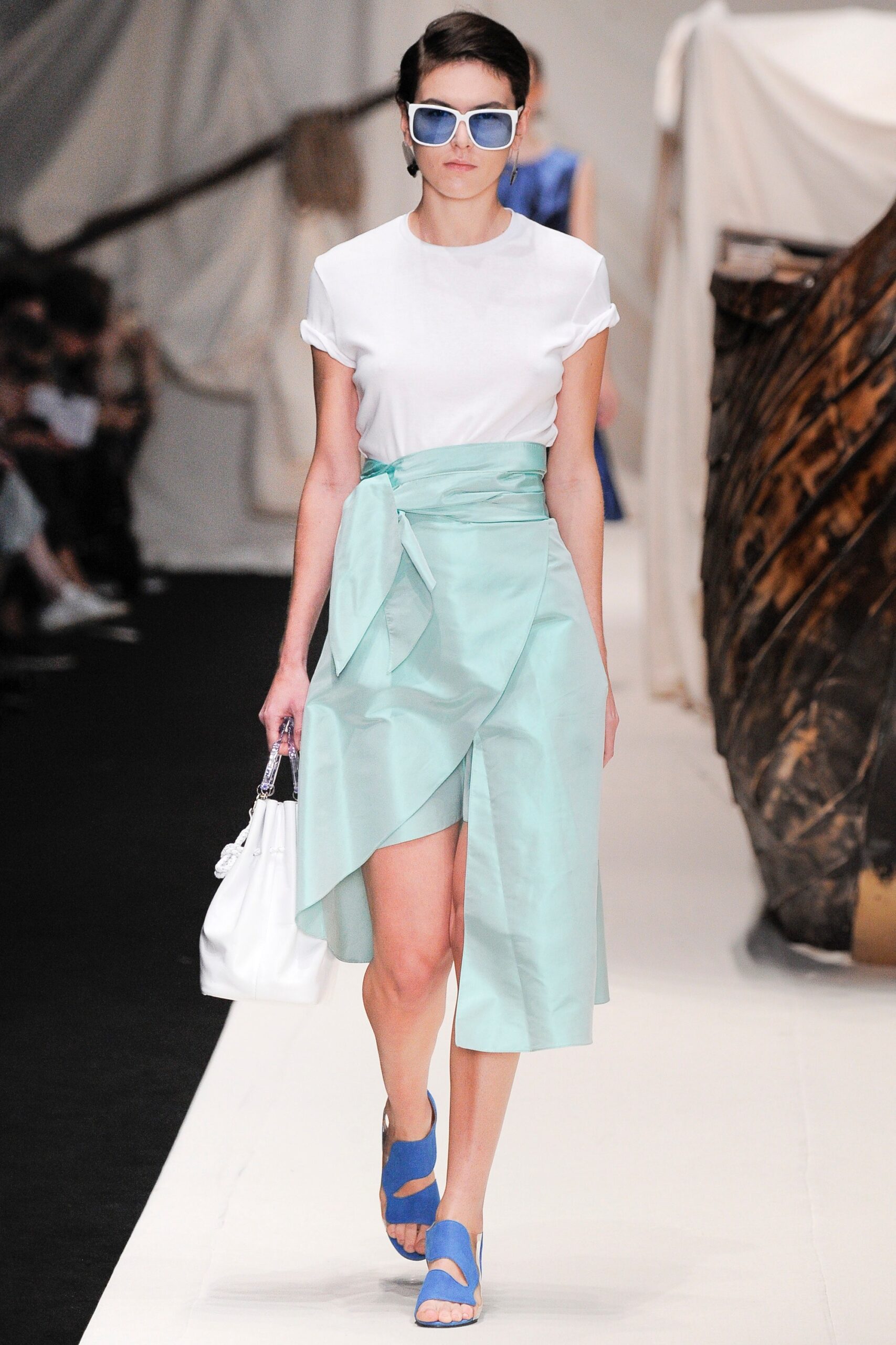 white fitted top with mint skirt