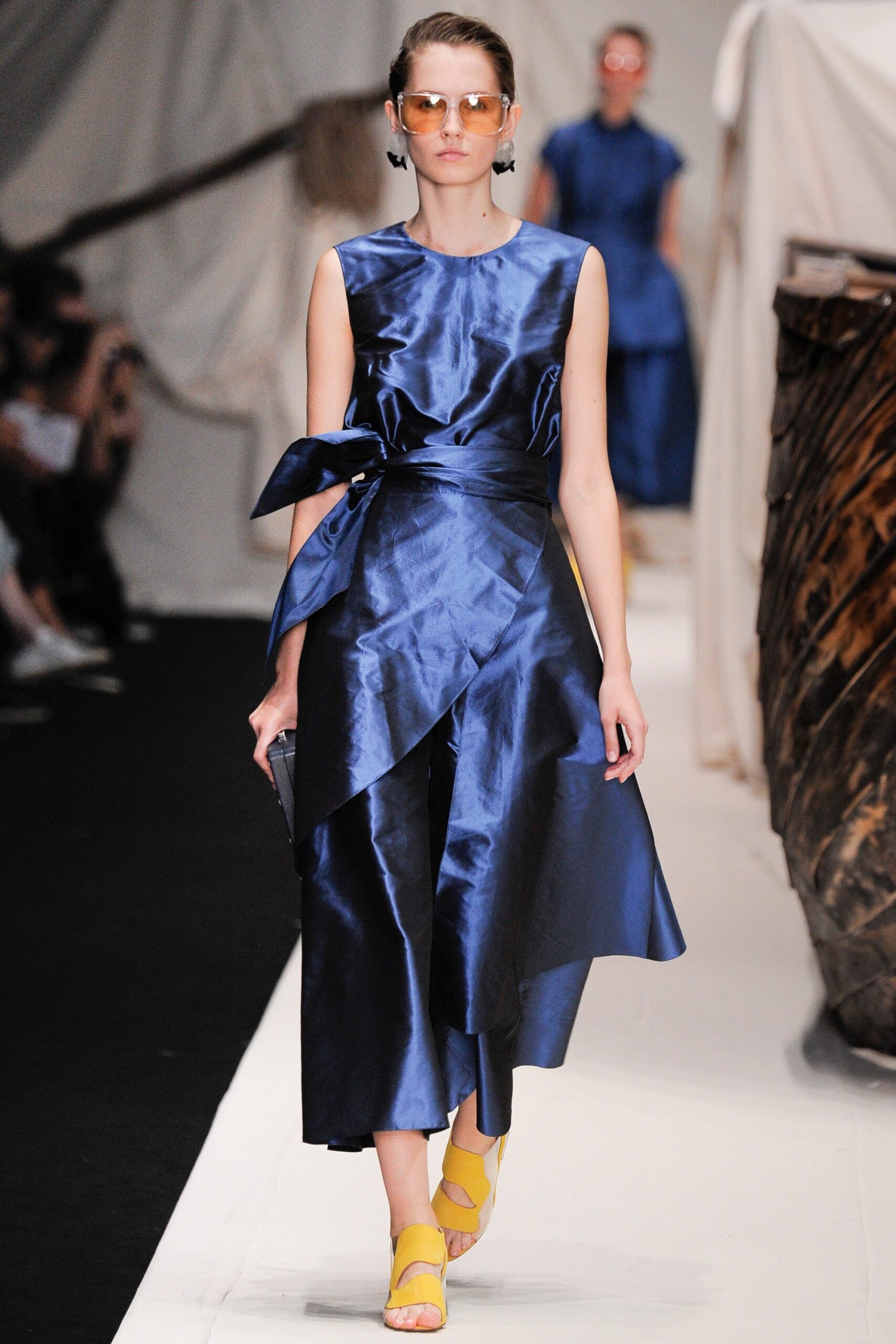 blue silk sleeveless dress