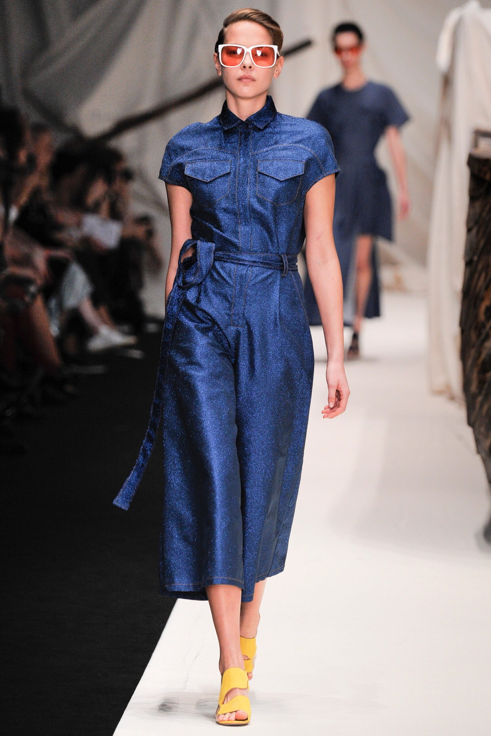blue denim belted jumpsuit