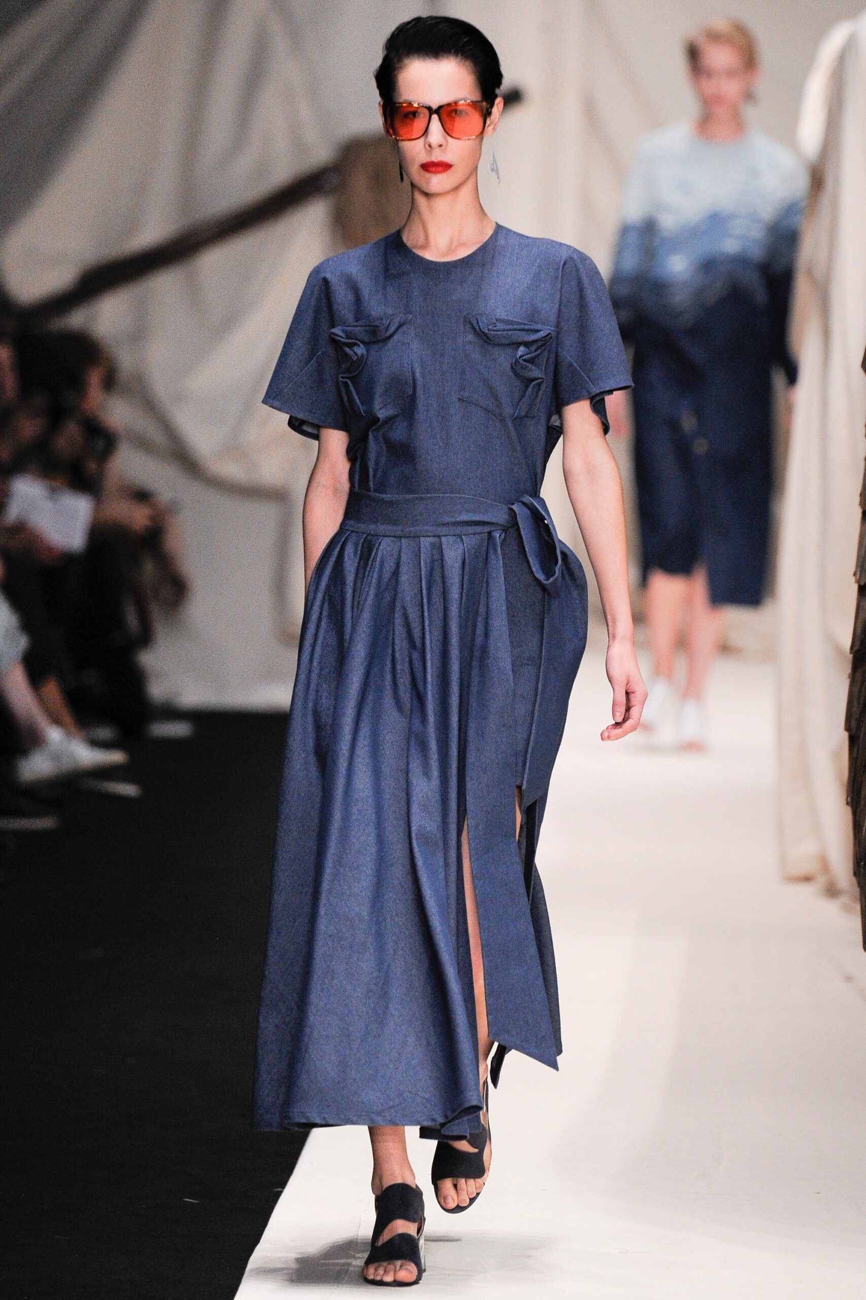 blue denim belted midi dress